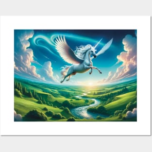 Mythical unicorn flying over lush landscape painting Posters and Art